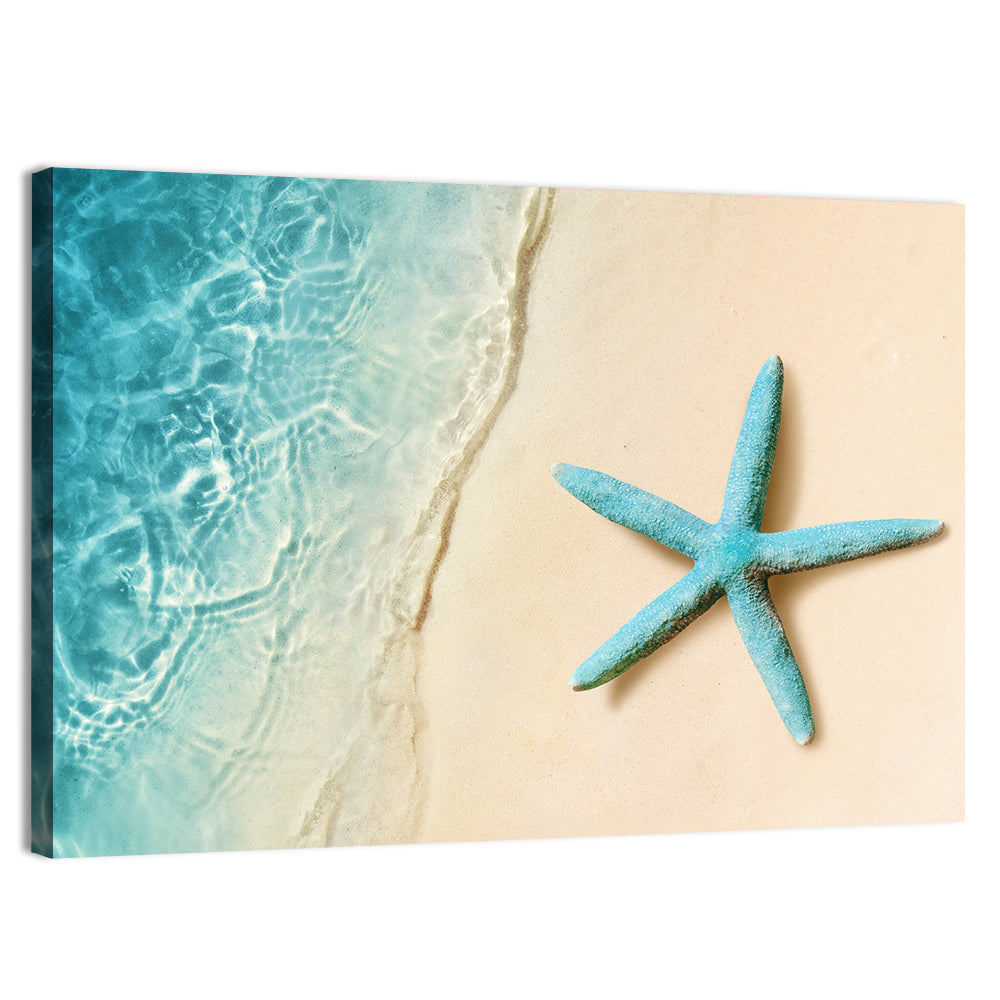 Blue Starfish on Sandy Beach Wall Art, canvas print, landscape