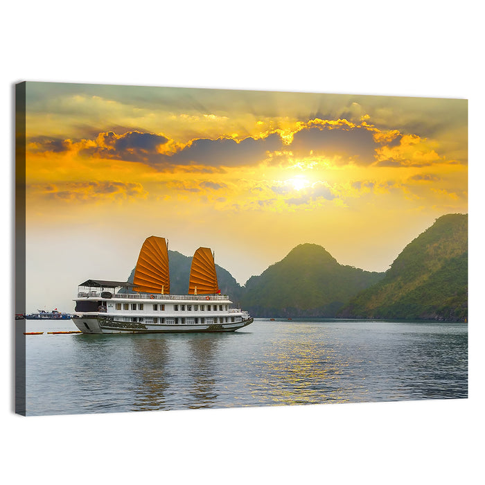 Ha Long Bay Sunset with Orange Sails Wall Art as a canvas print