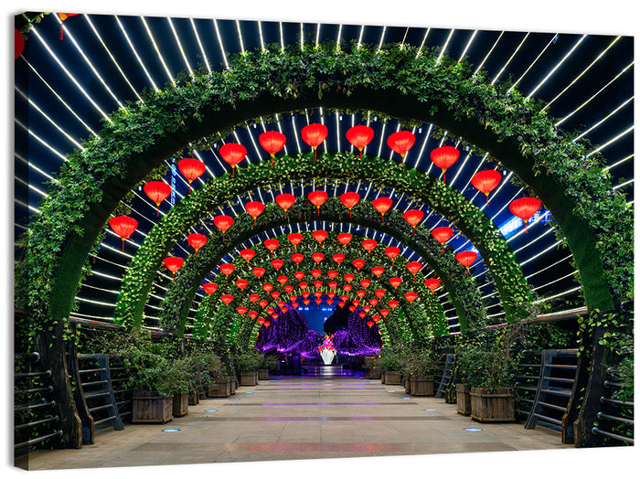 Red Lantern Trellis Tunnel Wall Art as a canvas print