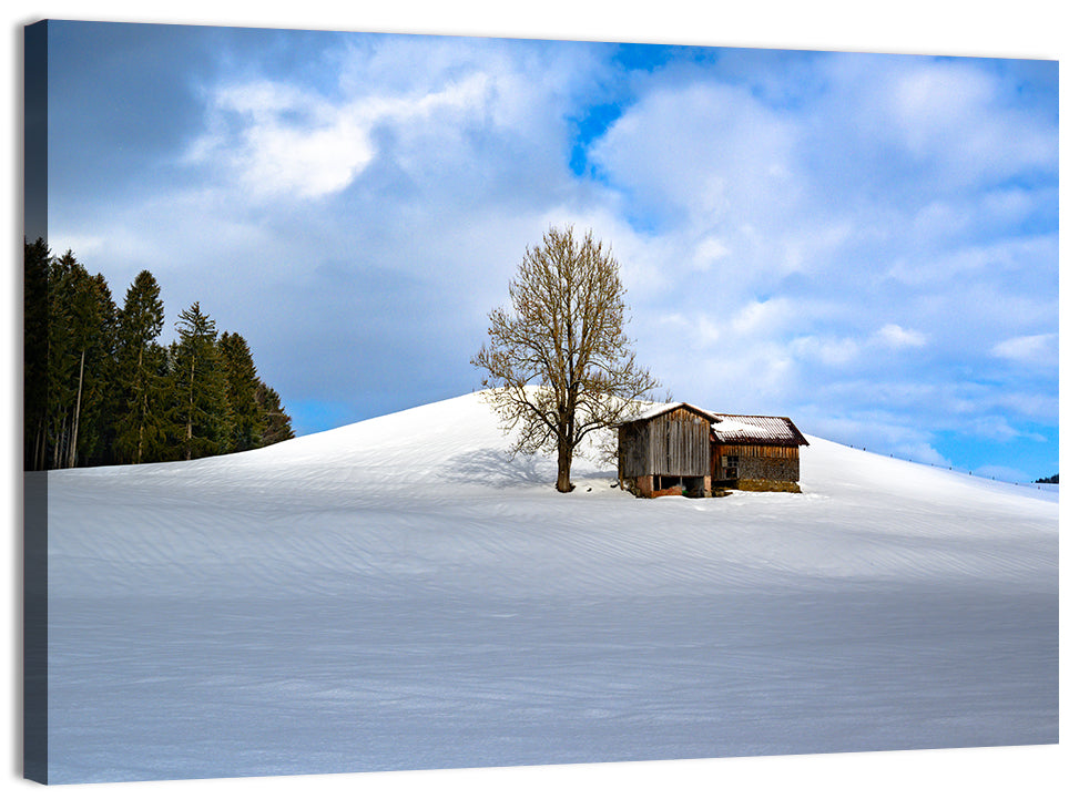 Rustic Barn on a Snowy Hill Wall Art, canvas print, landscape