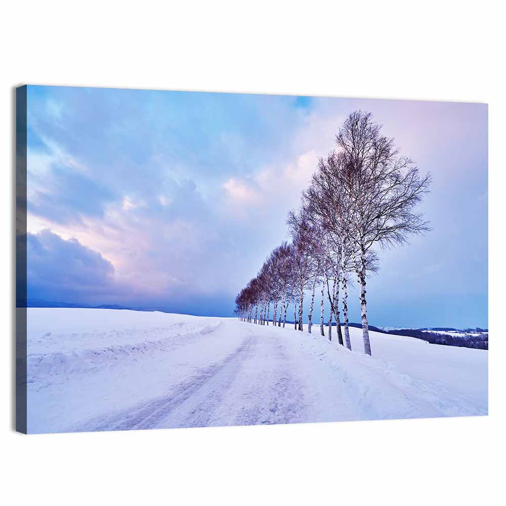 Snowy Birch Road in Hokkaido Wall Art, canvas print, landscape