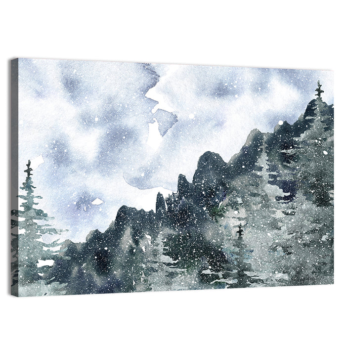 Snowfall Mountain Forest Illustration Wall Art as a canvas print