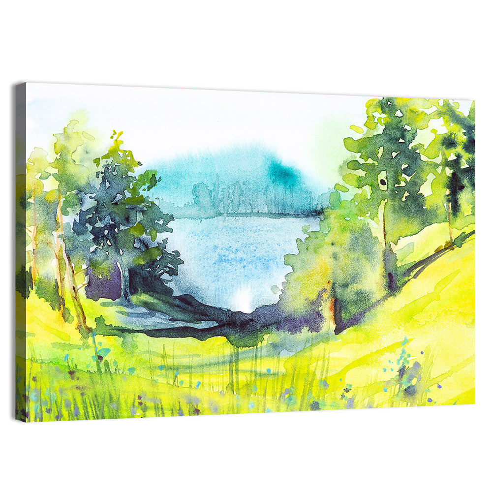 Summer Lakeside Forest Illustration Wall Art, canvas print, landscape