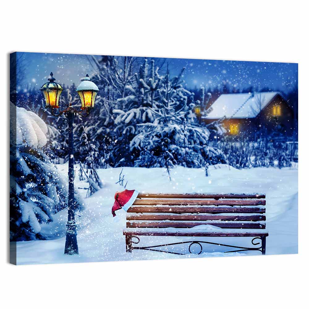 Snowy Bench in Winter Forest Wall Art, canvas print, landscape