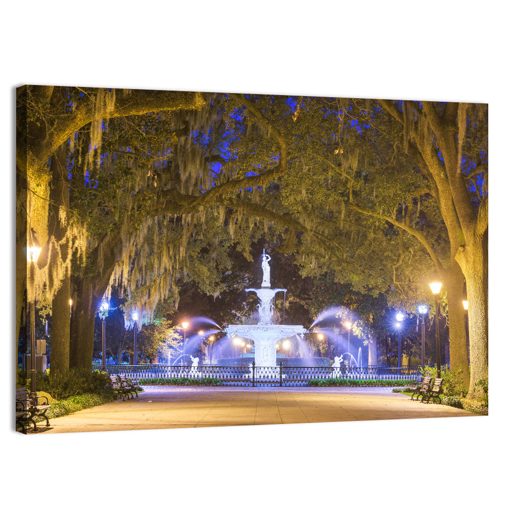 Forsyth Park Fountain at Night Wall Art, canvas print, landscape