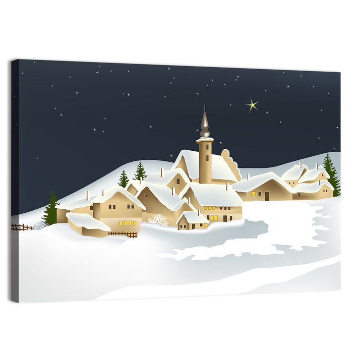 Winter Village Night Illustration Wall Art as a canvas print