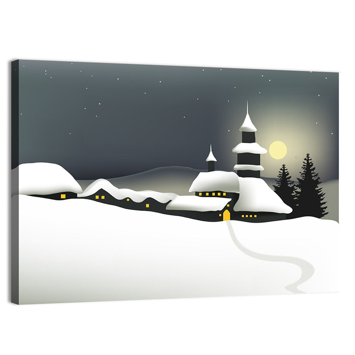 Moonlit Winter Village Illustration Wall Art as a canvas print