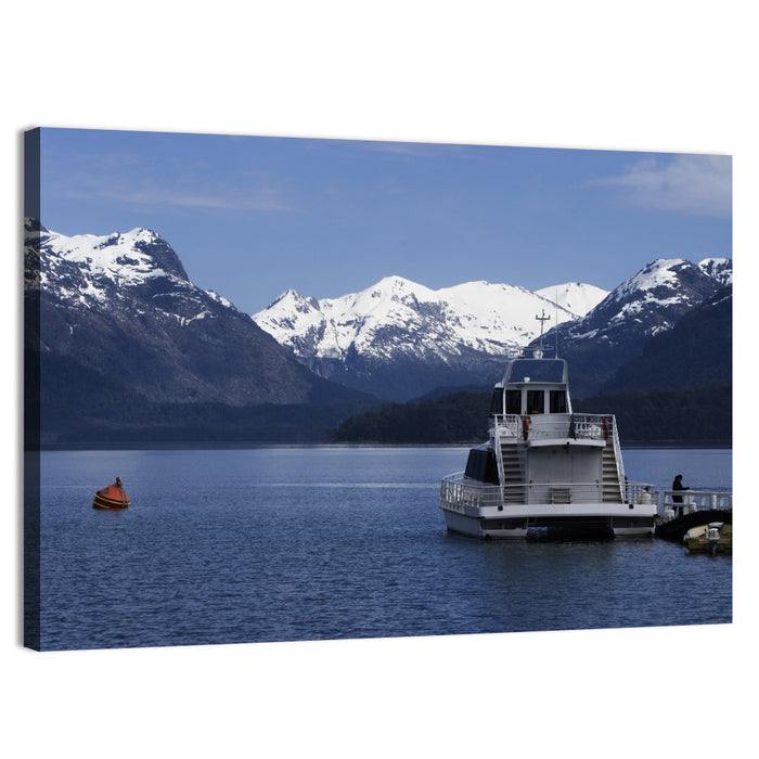 Lake Nahuel Huapi Catamaran and Snow-capped Mountains Wall Art as a canvas print