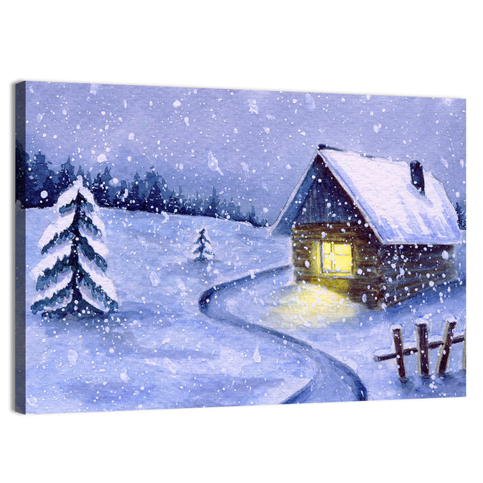 Snowy Log Cabin Night Wall Art as a canvas print
