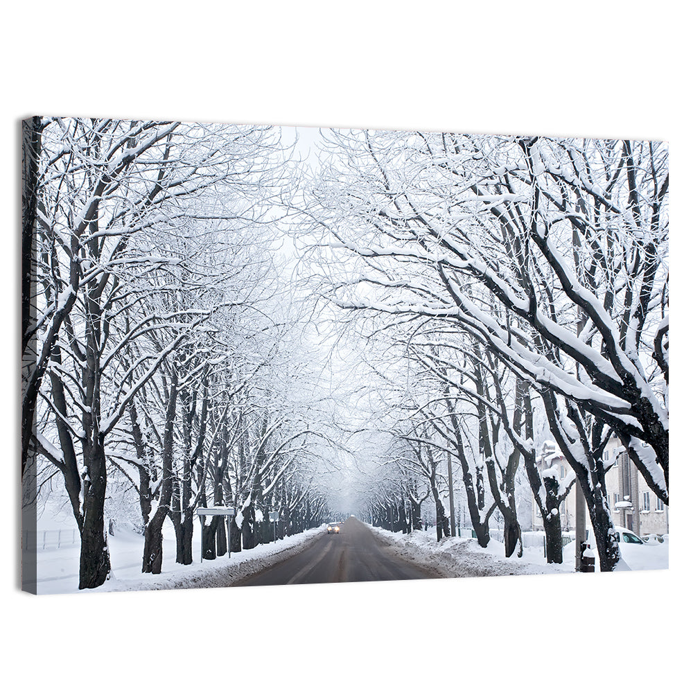 Snowy Road with Distant Headlights Wall Art, canvas print, landscape