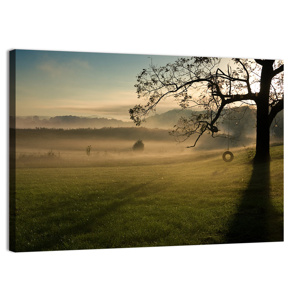 Tire Swing in Morning Mist Wall Art, canvas print, landscape