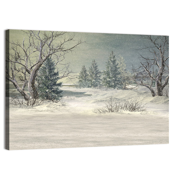 Snowy Forest with Frozen Pond Wall Art as a canvas print