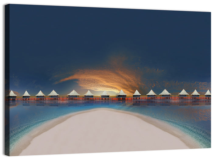 Overwater Bungalows at Golden Dusk Wall Art as a canvas print