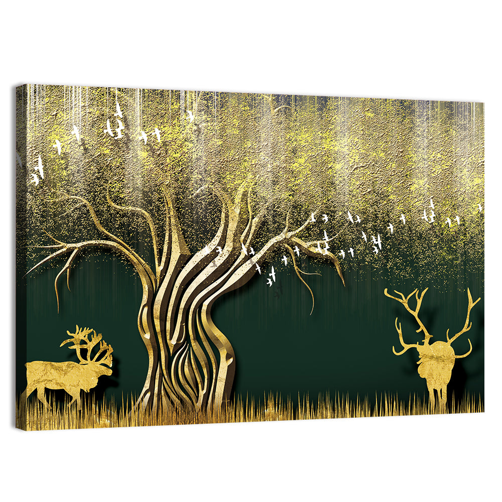 Golden Deer and Tree Illustration Wall Art, canvas print, landscape