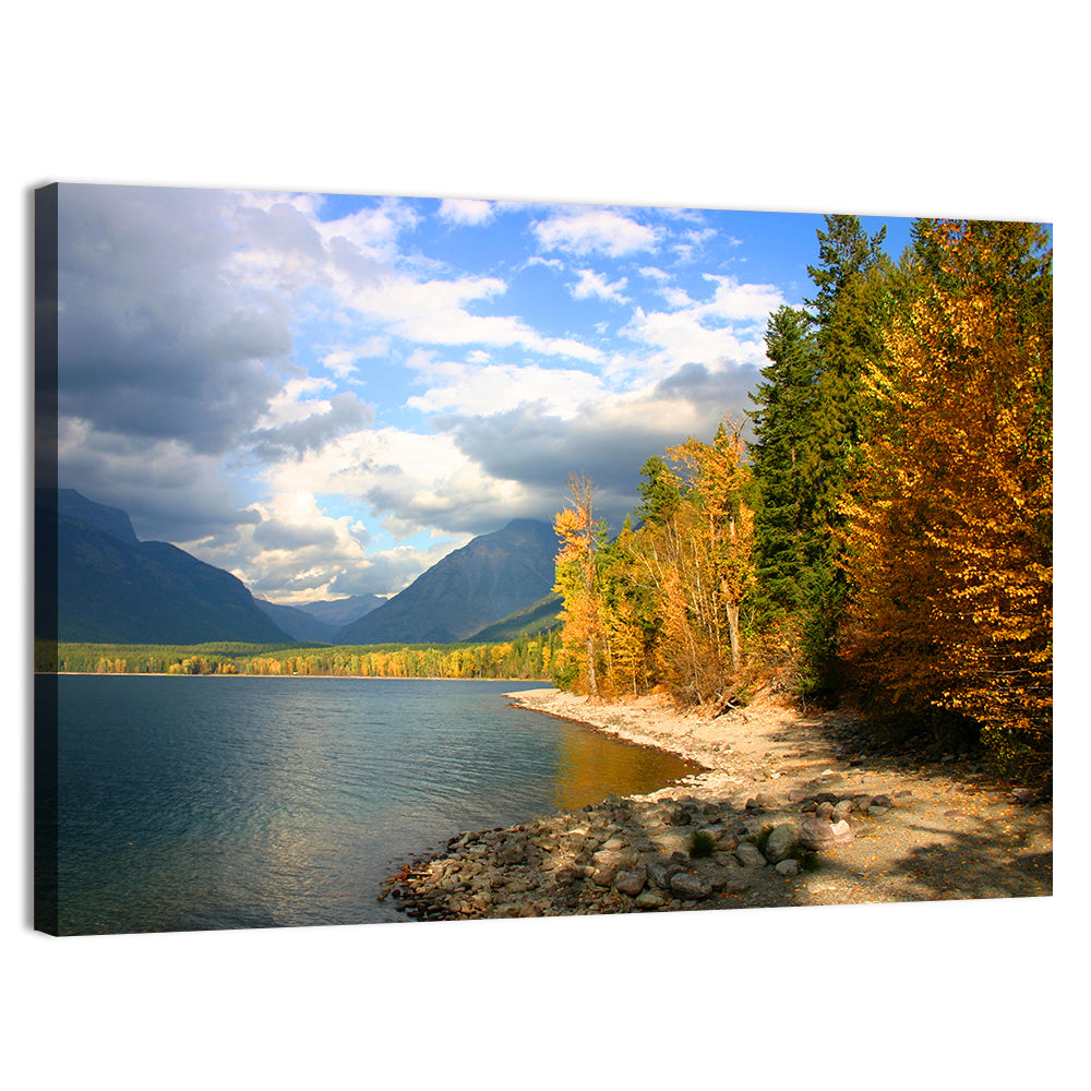 Lake Mcdonald Autumn Shoreline Wall Art, canvas print, landscape