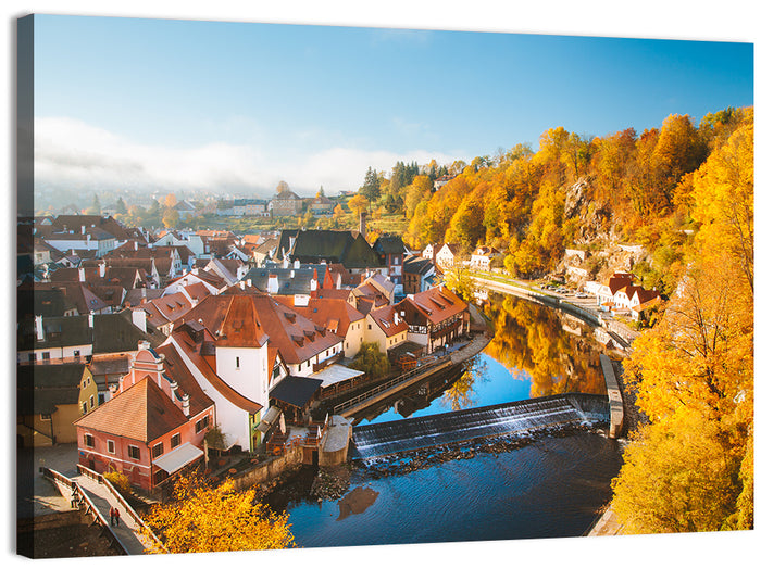 Český Krumlov River Weir in Autumn Wall Art as a canvas print