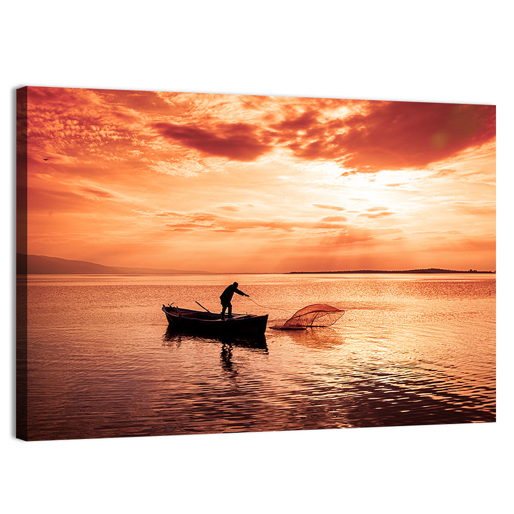 Uluabat Lake Fisherman at Dusk Wall Art, canvas print, landscape