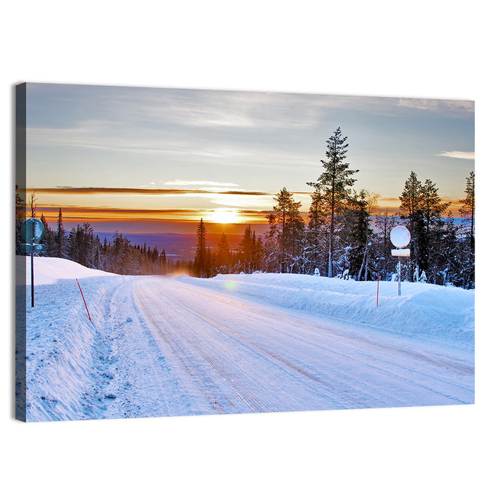 Snowy Road at Sunset Wall Art as a canvas print