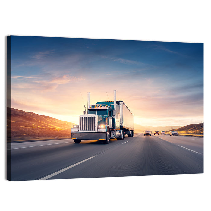 Semi Truck Highway Sunset Wall Art as a canvas print