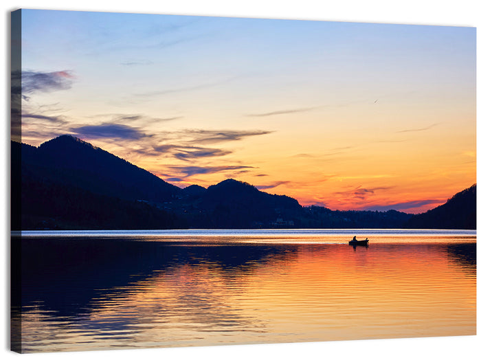 Lake Fuschl Sunset with Boat Wall Art as a canvas print