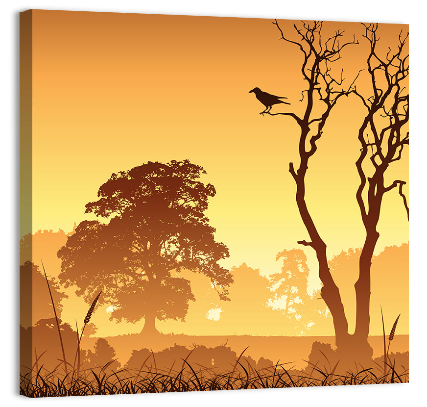 Golden Mist Tree Silhouettes with Crow Wall Art, canvas print, square