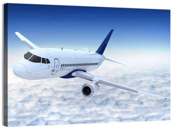 Commercial Jet Above Clouds Wall Art as a canvas print
