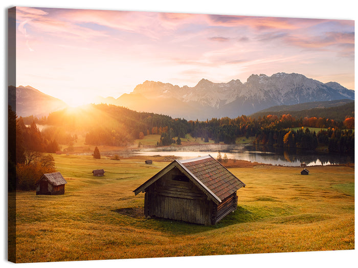 Sunrise Over Geroldsee Cabin Wall Art as a canvas print
