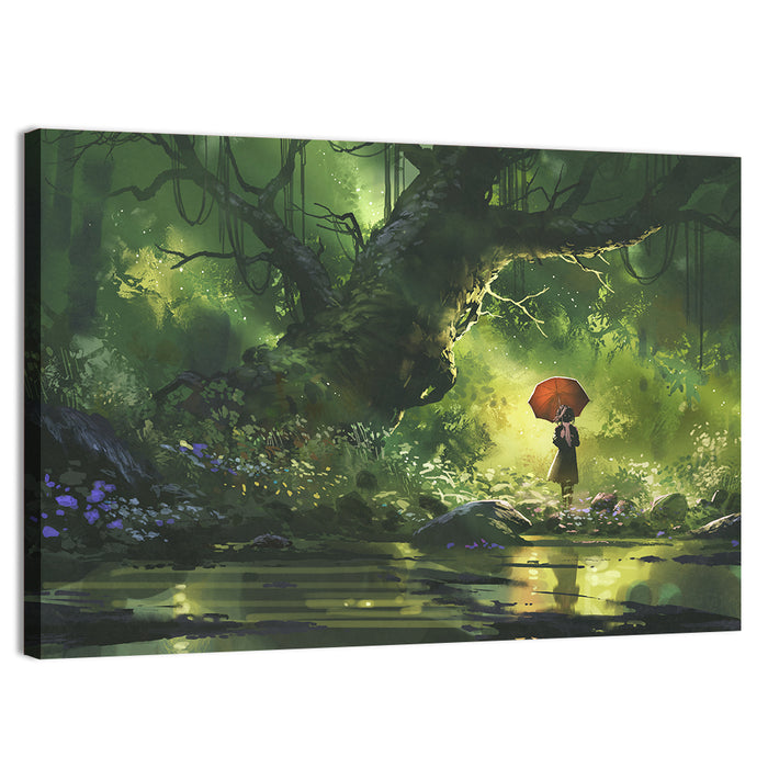 Girl with Umbrella in Mysterious Forest Wall Art as a canvas print