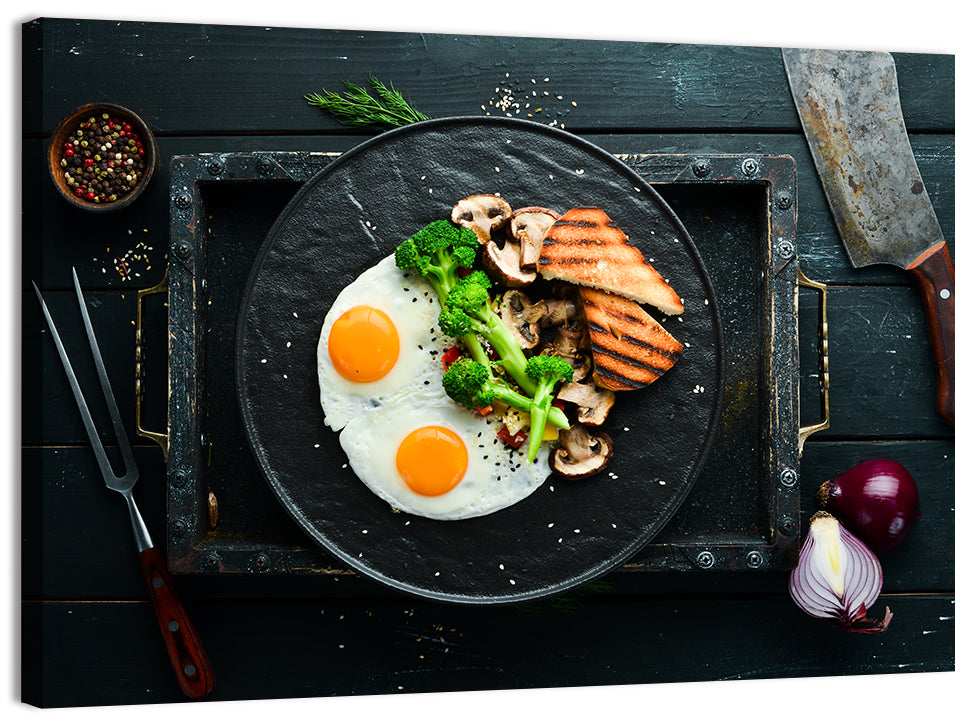 Top Down Fried Eggs Breakfast Platter Wall Art, canvas print, landscape