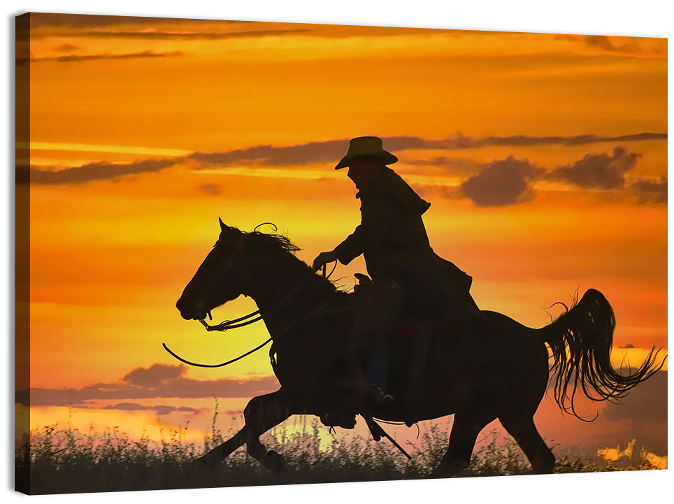 Cowboy and Horse at Sunset Wall Art, canvas print, landscape