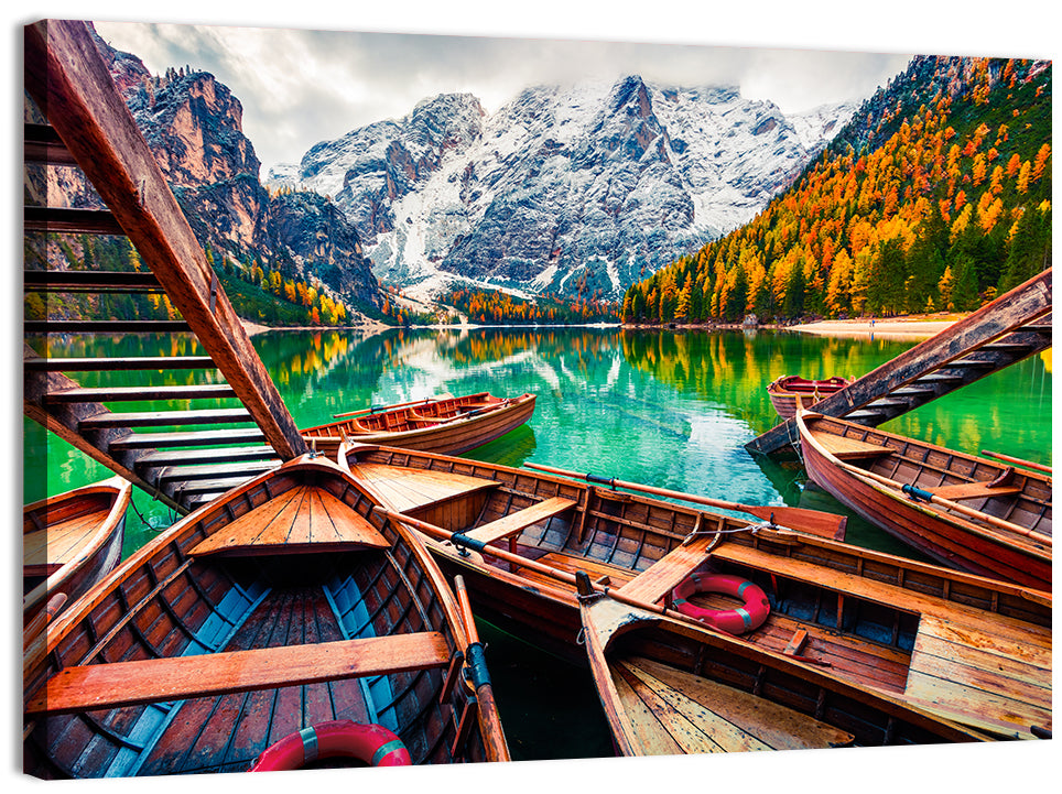 Braies Lake Wooden Stairs and Seekofel Mount Wall Art, canvas print, landscape