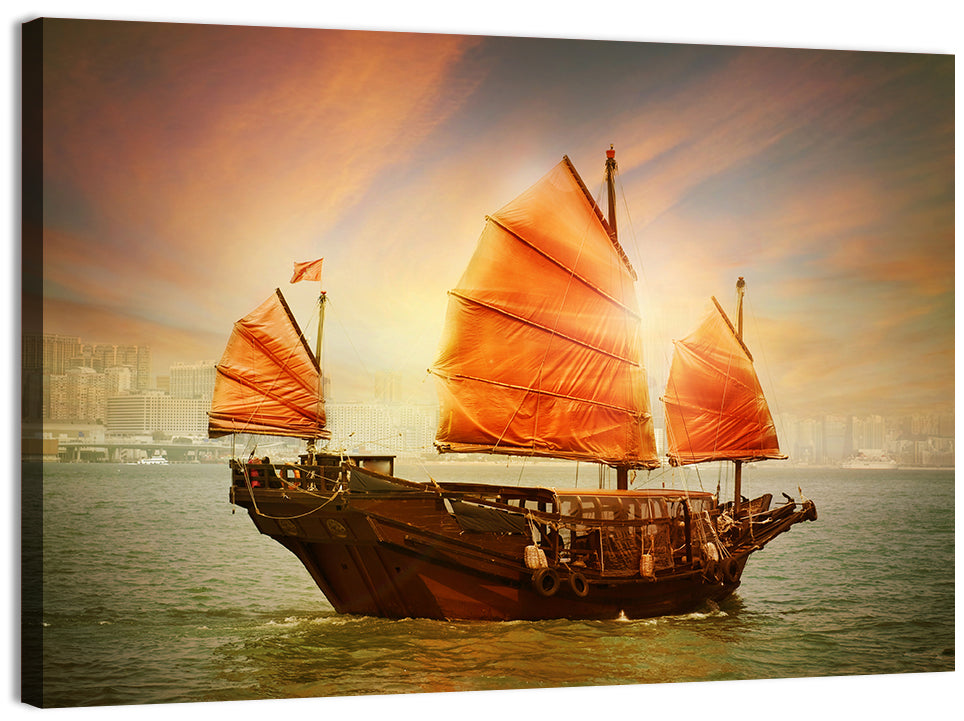Red Sailed Junk at Victoria Harbour Wall Art, canvas print, landscape