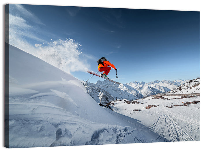 Airborne Skier Over Snowy Mountains Wall Art as a canvas print