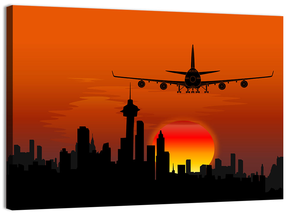 Approaching Jet Over Sunset Skyline Wall Art, canvas print, landscape