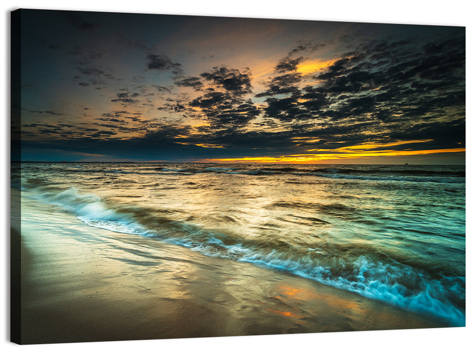 Shoreline Sunset with Boat Silhouette Wall Art, canvas print, landscape