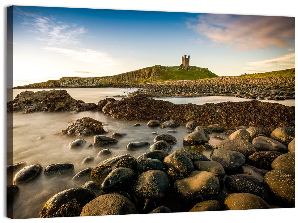 Dunstanburgh Castle at Golden Hour Wall Art, canvas print, landscape