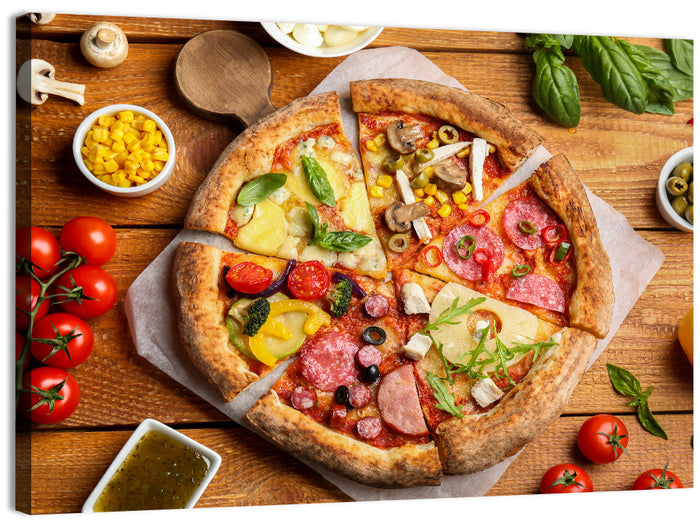 Sliced Pizza on Wooden Board Wall Art as a canvas print