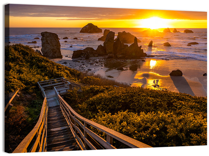 Bandon Beach Sunset Staircase Wall Art as a canvas print