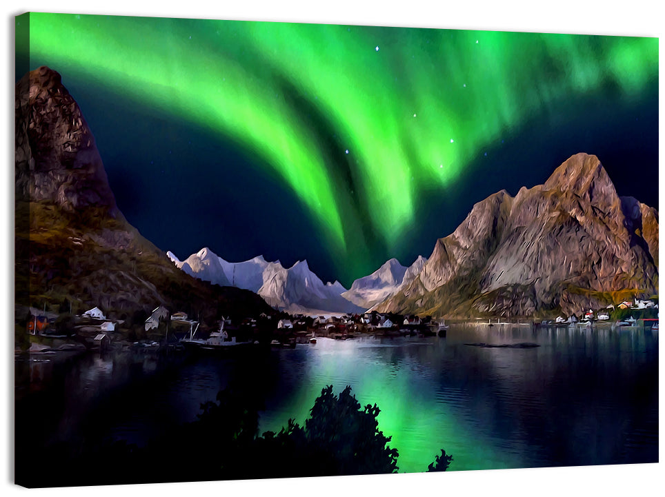 Northern Lights Over Snow Capped Mountains Wall Art, canvas print, landscape