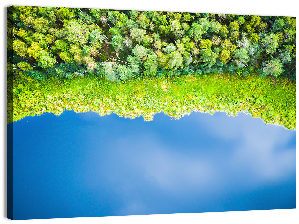 Aerial Blue Lake Over Woodland Wall Art, canvas print, landscape