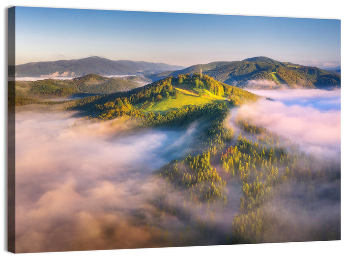 Foggy Mountain Sunrise Wall Art as a canvas print