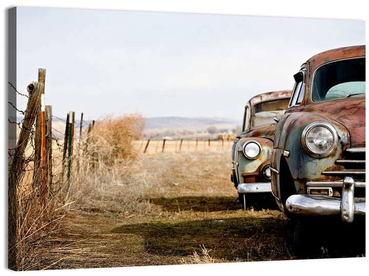 Abandoned Rusty Vintage Cars Behind Barbed Wire Wall Art