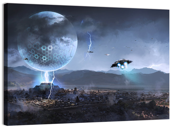 Alien Planet Cityscape with Spaceships Wall Art