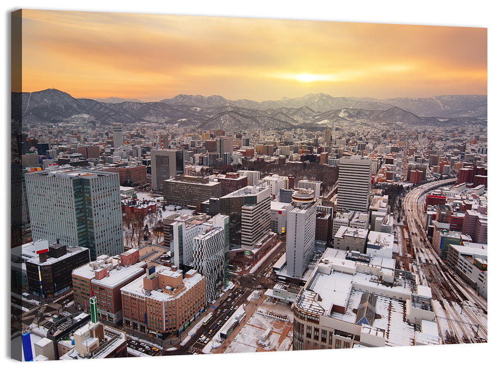Sapporo Station Skyline at Golden Hour Wall Art, canvas print, landscape