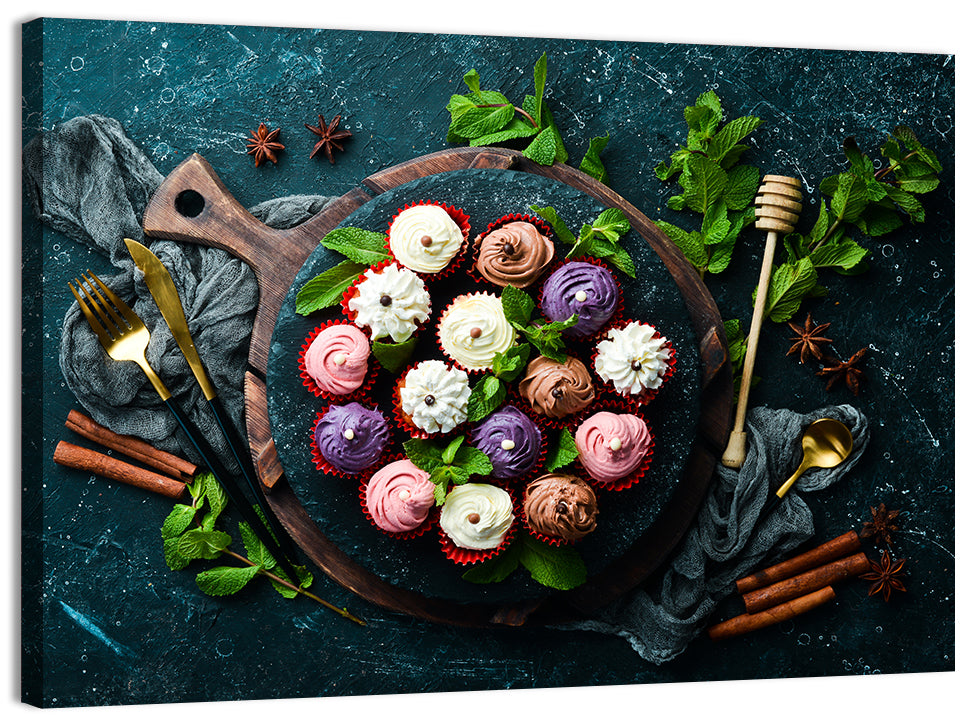 Cream Cupcakes Still Life Wall Art, canvas print, landscape