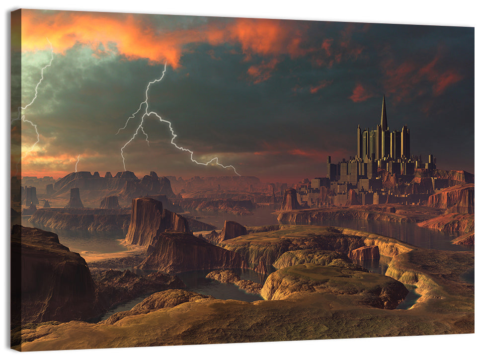 Dusk Storm Over Alien Fortress Wall Art, canvas print, landscape
