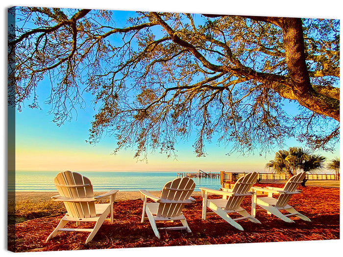 Mobile Bay Adirondack Chairs at Sunrise Wall Art as a canvas print