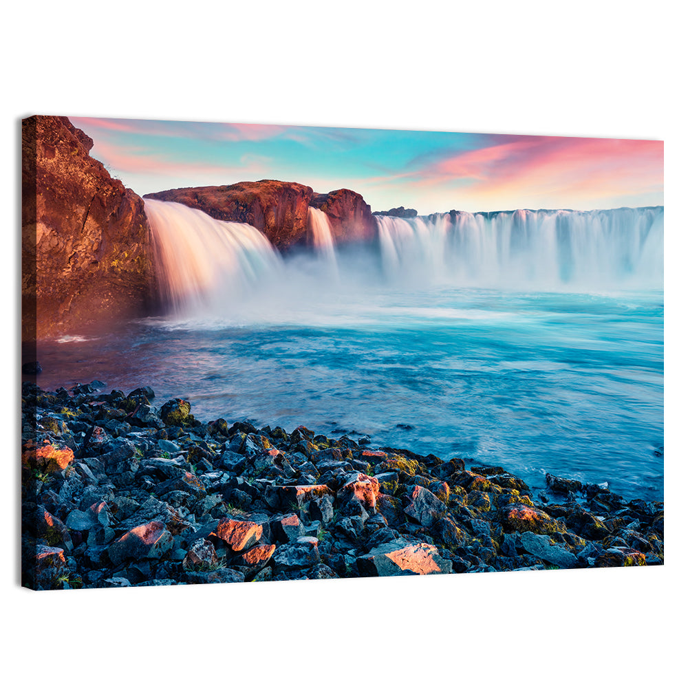 Goðafoss Waterfall at Sunset Wall Art, canvas print, landscape