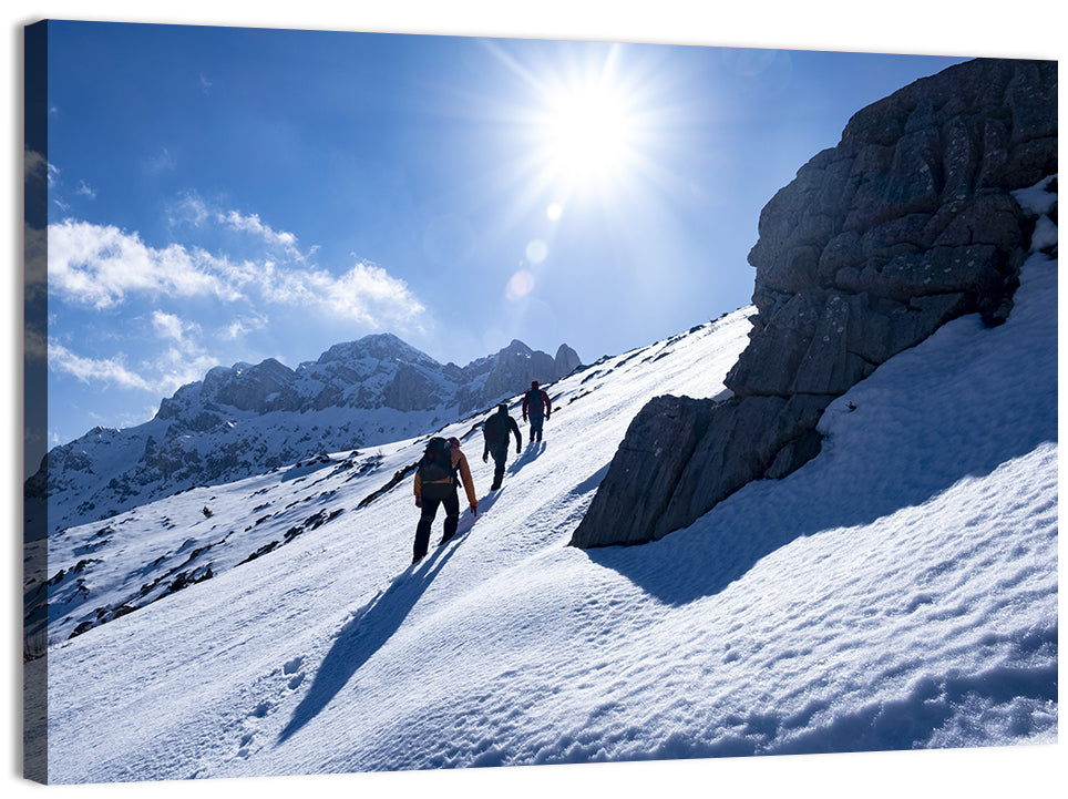 Ascending Mountaineers on Snowy Slope Wall Art, canvas print, landscape