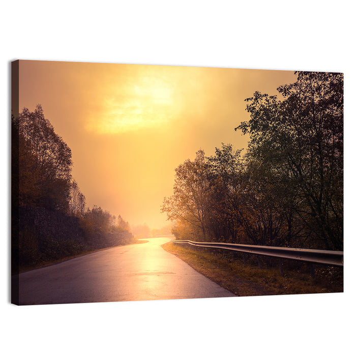 Windy Misty Forest Road Wall Art as a canvas print